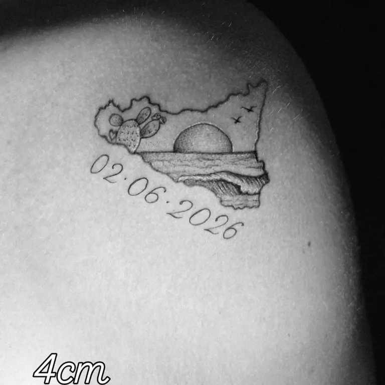 Piccolo tatuaggio del profilo della Sicilia con mare, sole e fiore.