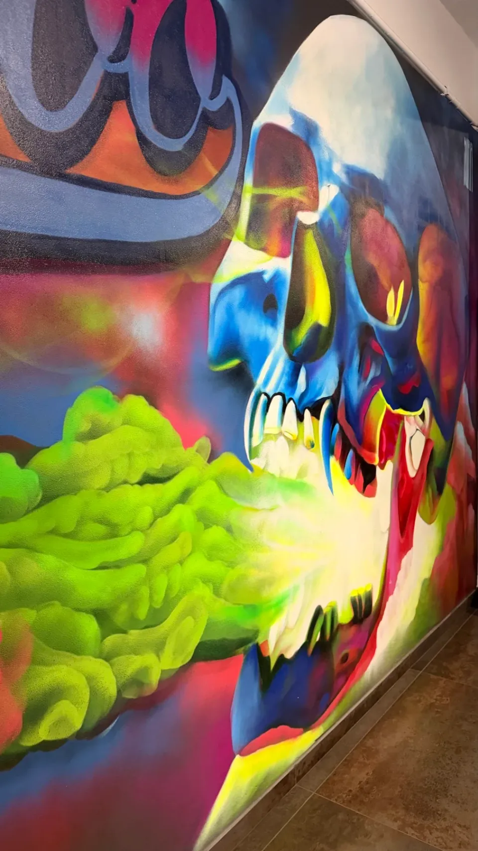 Murale con teschio colorato sulla parete dello studio.